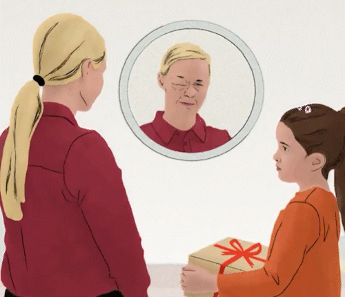 Patient staring at herself in the mirror with a swollen eye, her daughter is looking at her